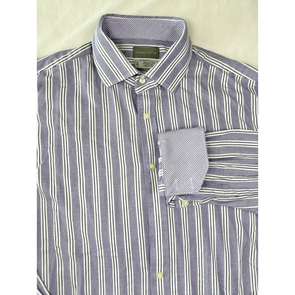 Thomas Dean Shirt Mens‎ XL Purple White Stripe Long Sleeve Button Up Flip Cuff